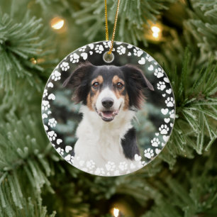 Paw Prints and Hearts Frame Custom Pet Photo Ceramic Ornament