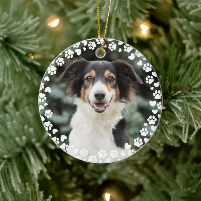 Paw Prints and Hearts Frame Custom Pet Photo Ceramic Ornament (Tree)