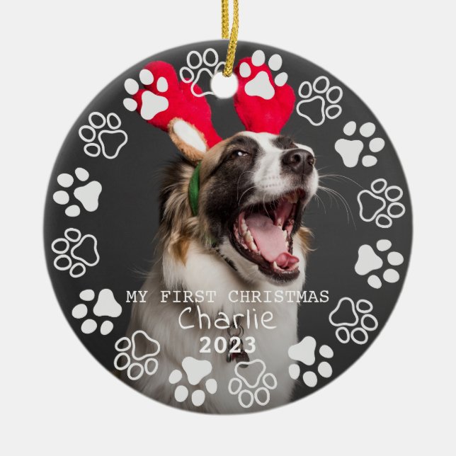Paw Prints and Hearts Frame Custom Pet Photo  Ceramic Ornament (Front)