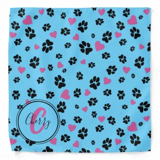 Paw prints and hearts pattern Blue Monogram name