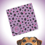Paw prints and hearts pattern Lilac Monogram name Bandana<br><div class="desc">Cute bandana with black paw prints and pink hearts pattern on purple violet color. Lovely accessory for dogs and dog owners :) • Personalize it with pet's name and monogram, delete text or customize further - edit fonts, colors, resize/move/delete elements, add text and more, or transfer it on another product....</div>