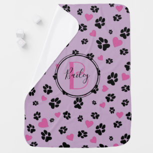 Paw prints and hearts pattern Monogram name Pet Baby Blanket