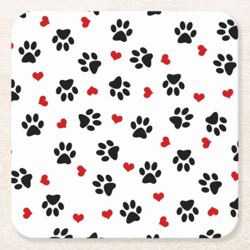 Paw Prints and Hearts Square Paper Coaster