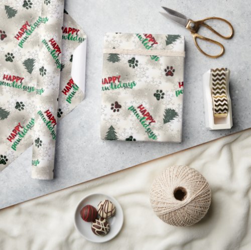 Paw Prints and Pine Trees Pattern Wrapping Paper