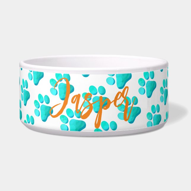 Paw Prints Aqua Blue PET NAME Orange Modern Fun Bowl (Front)