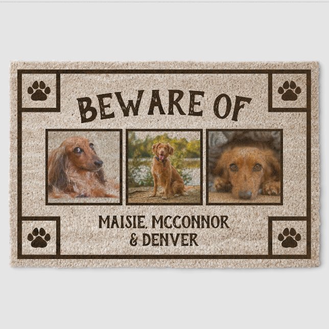 Paw Prints Beware of Dog Names - Three Photos Fiber Doormat (Front)