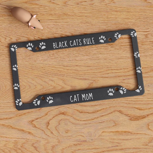 Paw Prints Black Cats Rule Custom License Plate Frame (Black cats rule! And here's the license plate frame that says so. Just add your name (or your cat's))