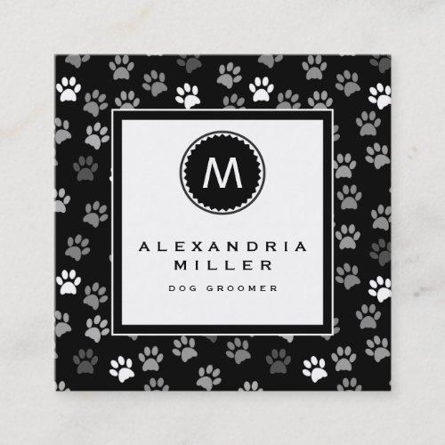 Paw Prints  Black White  Gray  Modern Monogram Square Business Card