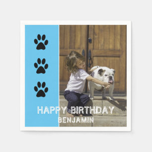 Paw Prints Blue Kids Name Photo Birthday Party Napkins