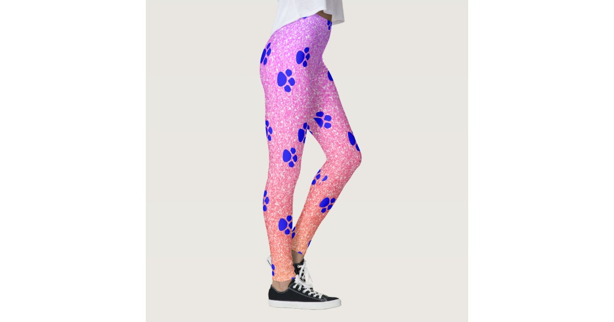 Paw Prints Blue Patterns Pink Rose Gold Glitter Leggings | Zazzle