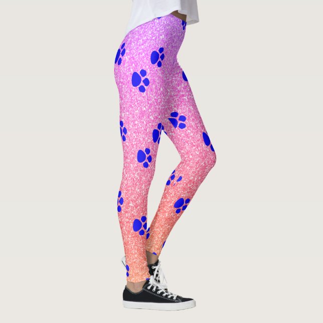 Paw Prints Blue Patterns Pink Rose Gold Glitter Leggings (Right)
