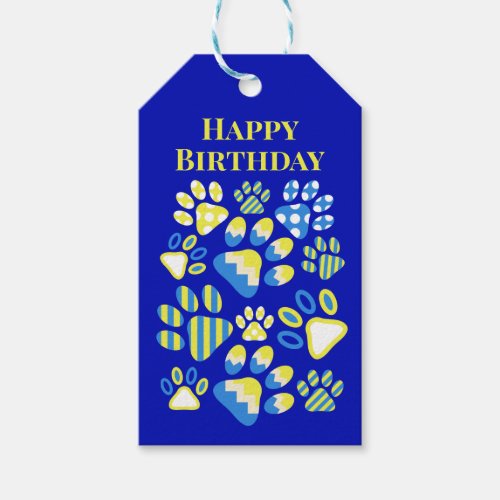 Paw Prints Blue Yellow Birthday Gift Tags