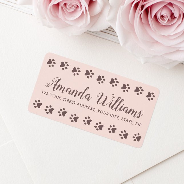 Paw prints blush pink brown pretty script return label (Paw prints blush pink brown pretty script return label)
