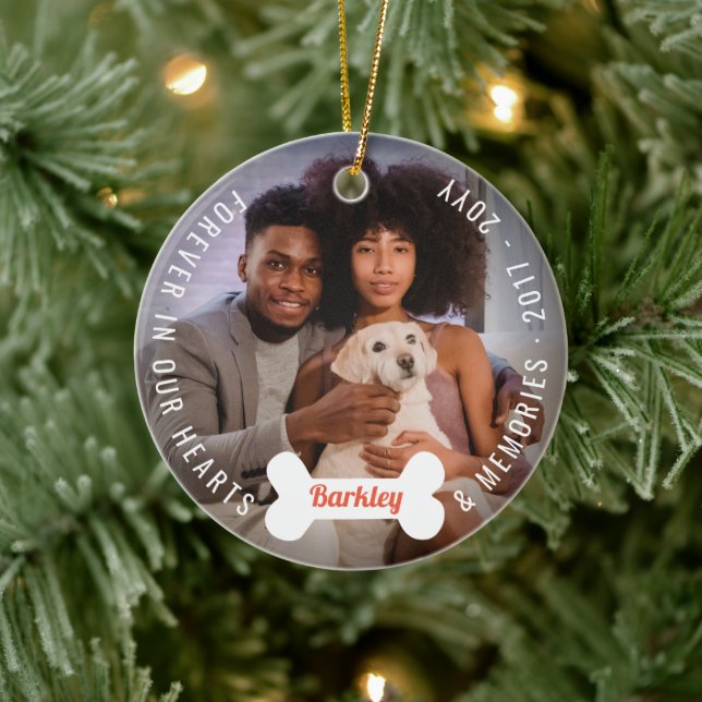 Paw Prints & Bones Dog Lover Pet Memorial Photo Ceramic Ornament (Tree)