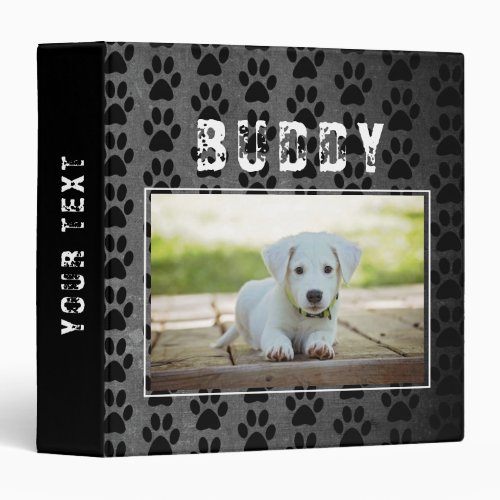 Paw Prints Chalkboard Pet Dog Photo Album  3 Ring Binder - Paw Prints Chalkboard Pet Dog Photo Album Binder. The binder has a photo of a pet, pet`s name and black paw print pattern on a chalkboard background. Add your dog or any other pet photo and your dog or pet name. Change or erase the text on the spine. A great keepsake gift, photo album, a scrapbook album, in memory of for your dog or pet.