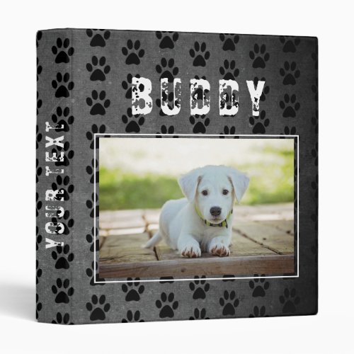 Paw Prints Chalkboard Pet Dog Photo Album Binder - Paw Prints Chalkboard Pet Dog Photo Album Binder. The binder has a photo of a pet and pet`s name on a chalkboard background. The background has a paw print pattern. Personalize the binder with your dog or any other pet photo and your dog or pet name. Change or erase the text on the spine. A great keepsake gift, photo album, a scrapbook album, in memory of, notes and more for your dog or pet.