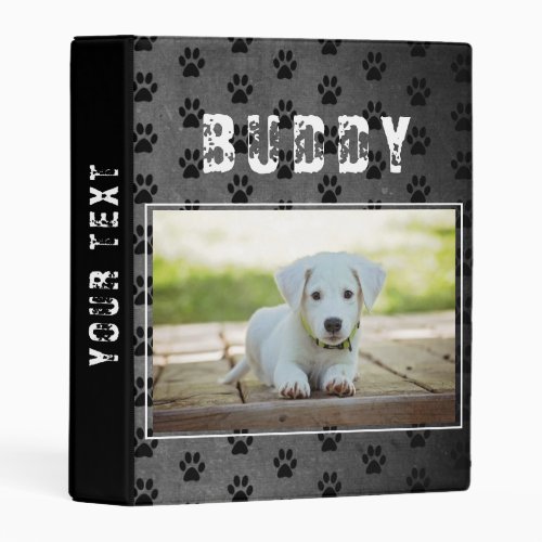 Paw Prints Chalkboard Pet Dog Photo Album Mini Binder - Paw Prints Chalkboard Pet Dog Photo Album Mini Binder. The binder has a photo of a pet and pet`s name on a chalkboard background. The background has a paw print pattern. Personalize the binder with your dog or any other pet photo and your dog or pet name. Change or erase the text on the spine. A great keepsake gift, photo album, a scrapbook album, in memory of, notes and more for your dog or pet.