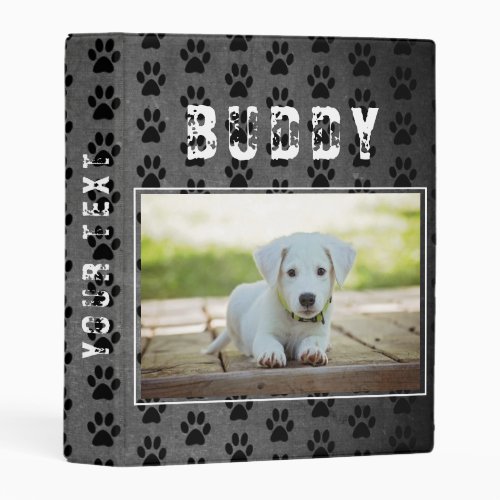 Paw Prints Chalkboard Pet Dog Photo Album Mini Binder - Paw Prints Chalkboard Pet Dog Photo Mini Album. The binder has a photo of a pet and pet`s name on a chalkboard background. The background has a paw print pattern. Personalize the binder with your dog or any other pet photo and your dog or pet name. Change or erase the text on the spine. A great keepsake gift, photo album, a scrapbook album, in memory of, notes and more for your dog or pet.