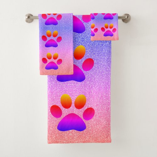 Paw Prints Colorful Glittery Multicolor Rose Gold Bath Towel Set