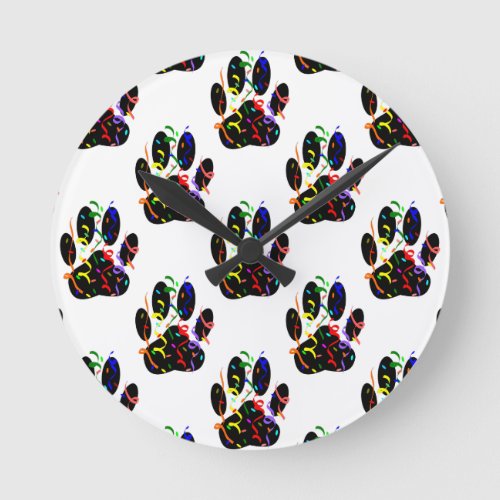 Paw Prints Confetti And Party Streamer Pattern Round Clock