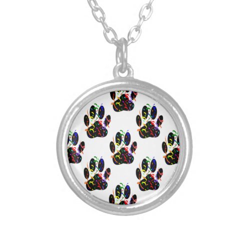 Paw Prints Confetti And Party Streamer Pattern Silver Plated Necklace