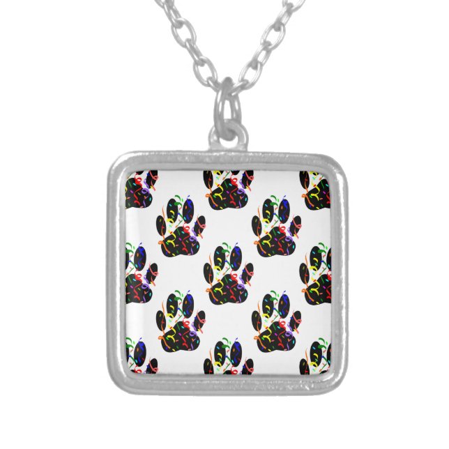 Paw Prints Confetti And Party Streamer Pattern Silver Plated Necklace (Front)