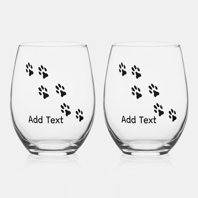 Paw Prints Crossing with Personal Text Stemless Wine Glass (Front)