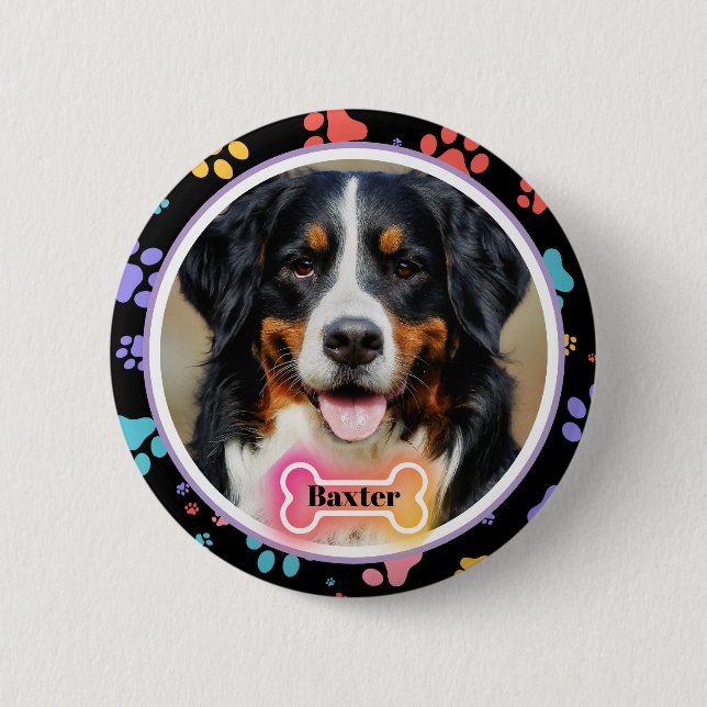 Paw Prints Custom Pet Photo and Name  Button (Front)