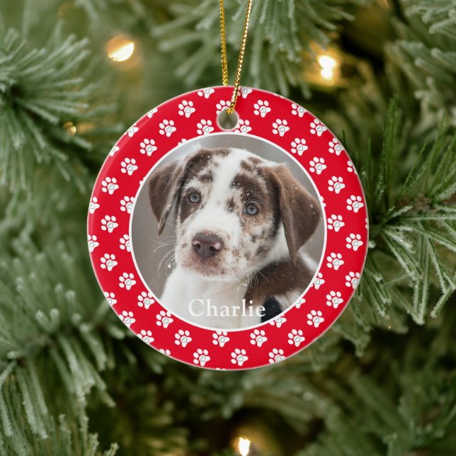 Paw Prints Custom Pet Photo Dog Name Ceramic Ornament (Tree)