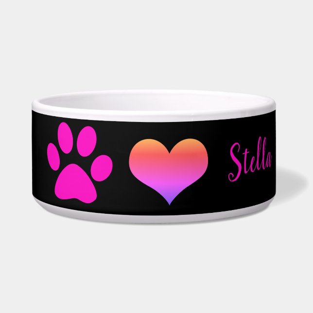 Paw Prints Cute Heart Monograms Name Pink Black Bowl (Front)