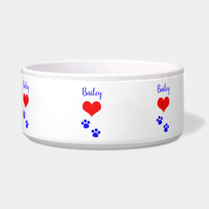 Paw Prints Cute Heart Name Monogram Red Blue White Bowl