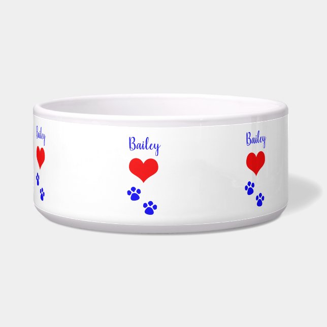 Paw Prints Cute Heart Name Monogram Red Blue White Bowl (Left)