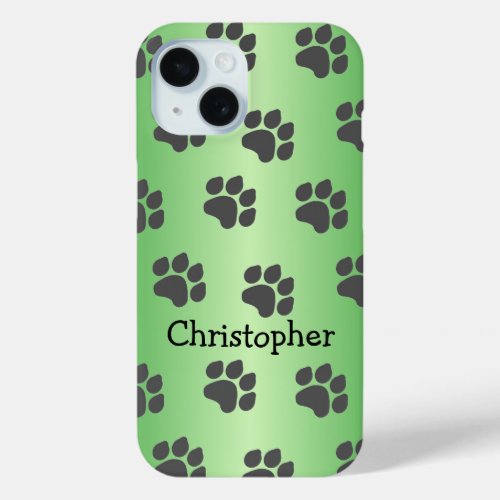 Paw Prints Design Green Coloured Personalised iPhone 15 Case