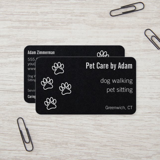 Paw Prints Dog Walker Pet Sitter Premium Black Business Card (Front/Back In Situ)