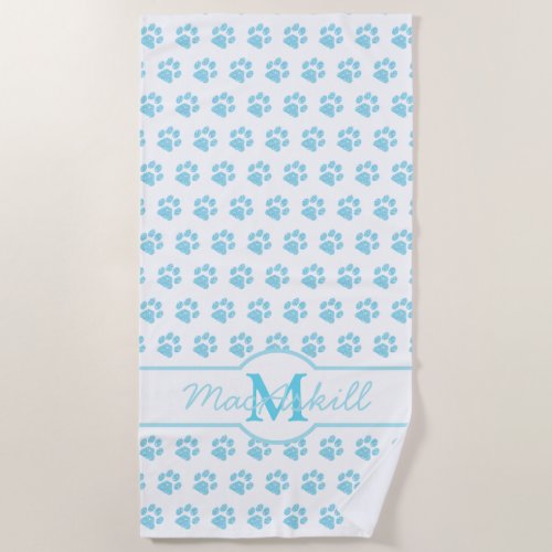 Paw Prints Glitter Blue White Monogram Cat Dog Mom Beach Towel