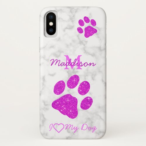 Paw Prints Glitter Pink Monogram White Marble iPhone XS Case