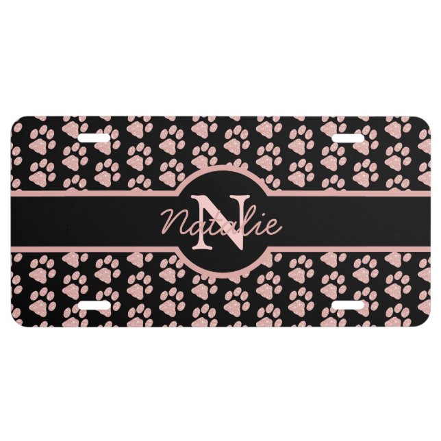 Paw Prints Glitter Rose Gold Monogram Cat Dog Mom License Plate (Front)