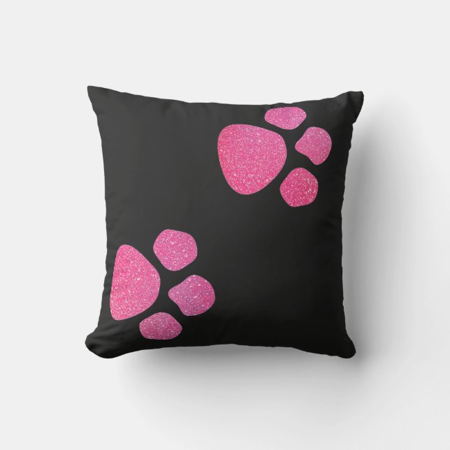 Paw Prints Glitter Rose Gold Pink Black Trendy Outdoor Pillow (Front)