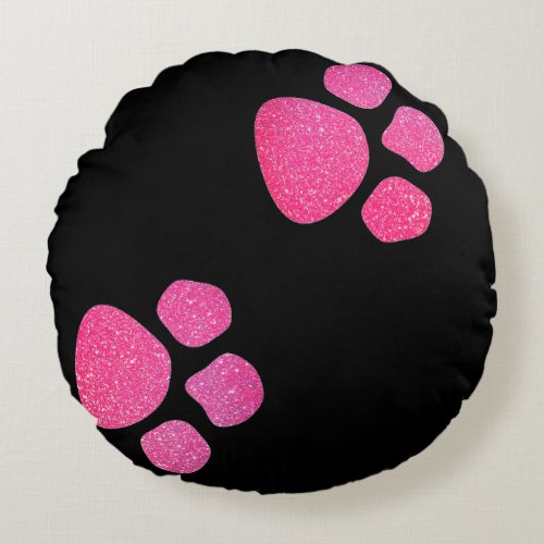 Paw Prints Glitter Rose Gold Pink Black Trendy Round Pillow