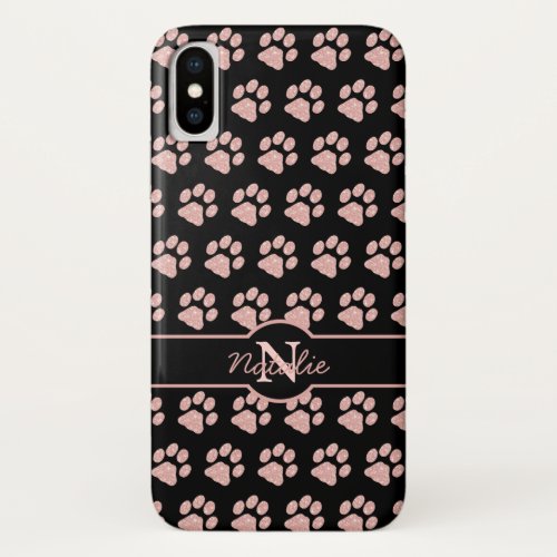 Paw Prints Glitter Rose Gold Stylish Monogram Dog iPhone X Case