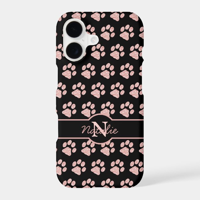 Paw Prints Glitter Rose Gold Stylish Monogram Dog Iphone Case (Back)