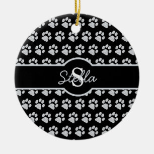 Paw Prints Glitter Silver Monogram Cat Dog Mom Ceramic Ornament
