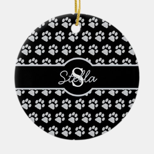 Paw Prints Glitter Silver Monogram Cat Dog Mom Ceramic Ornament