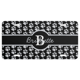 Paw Prints Glitter Silver Monogram Cat Dog Mom License Plate