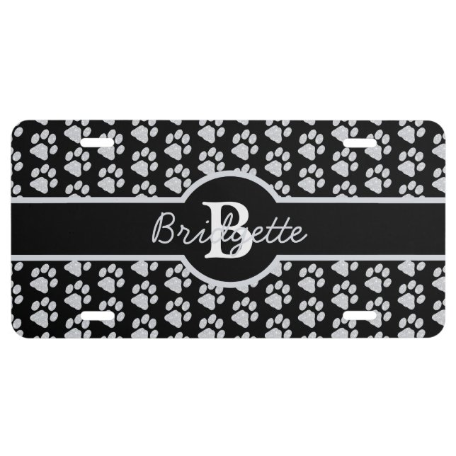 Paw Prints Glitter Silver Monogram Cat Dog Mom License Plate (Front)