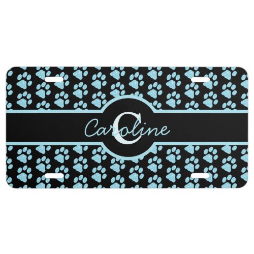 Paw Prints Glitter Teal Blue Monogram Cat Dog Mom License Plate