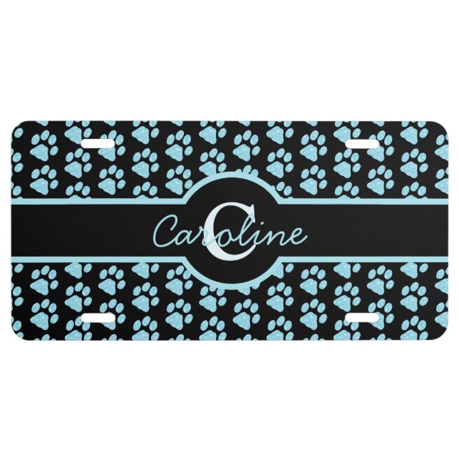 Paw Prints Glitter Teal Blue Monogram Cat Dog Mom License Plate (Front)