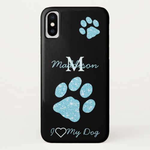 Paw Prints Glitter Teal Blue Monogram Dog Mom iPhone XS Case