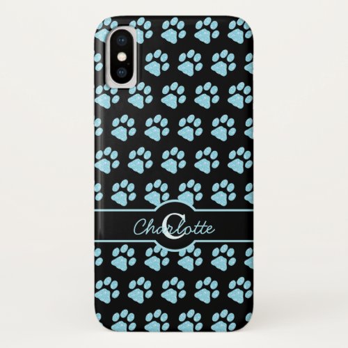 Paw Prints Glitter Teal Blue Stylish Monogram Dog iPhone X Case