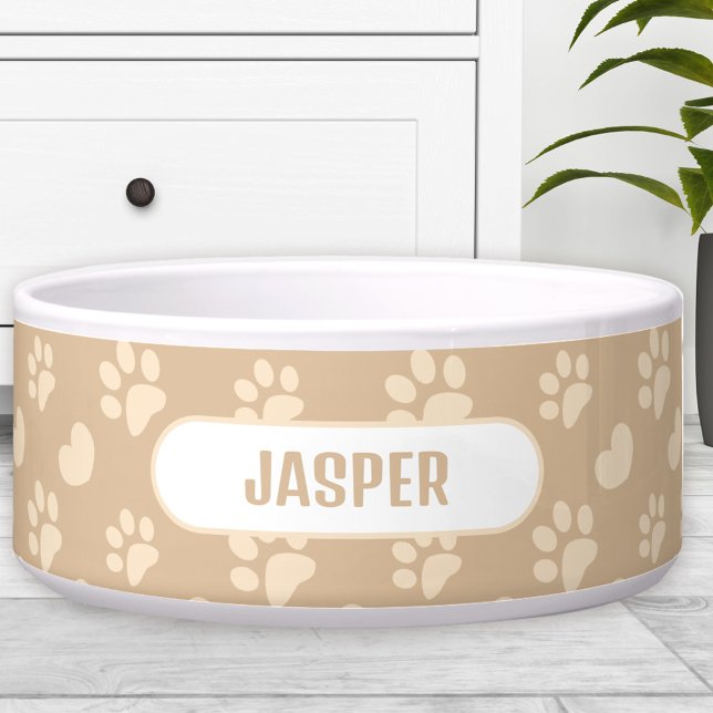 Paw Prints Heart Pattern Beige Name Pet Dog Bowl (Paw Prints Heart Pattern Beige Name Pet Dog Bowl)